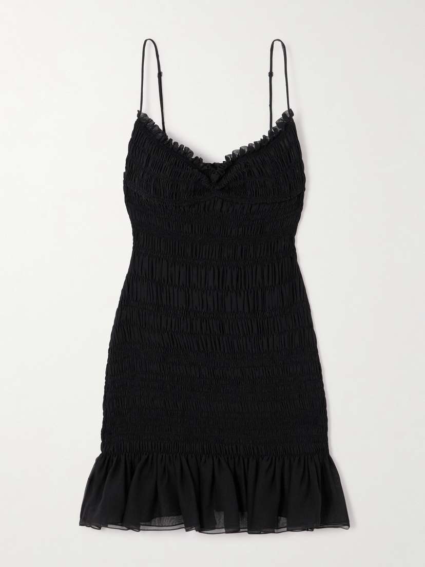 Saint Laurent Smocked Ruffled Silk-crepon Mini Dress