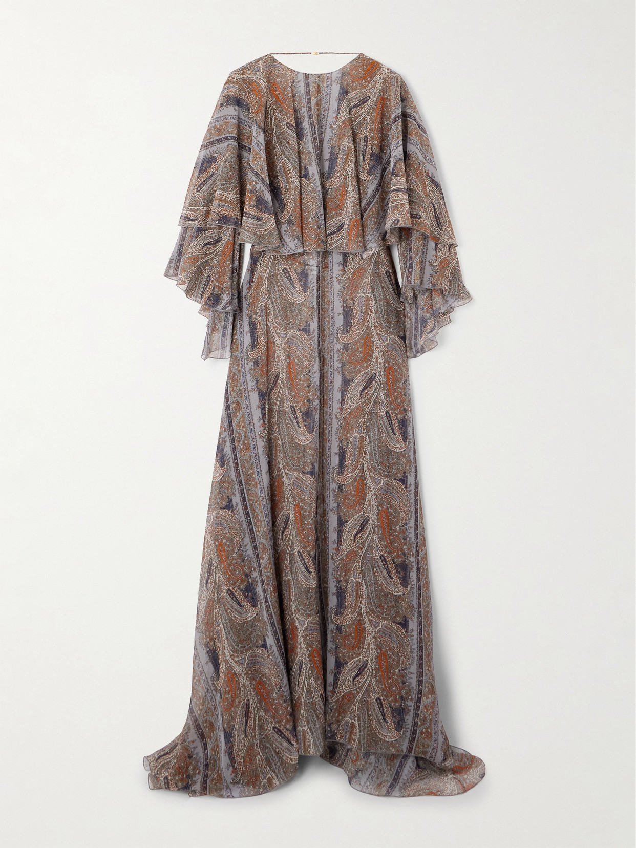Saint Laurent Open-back Cape-effect Paisley-print Silk-georgette Maxi Dress In Brown