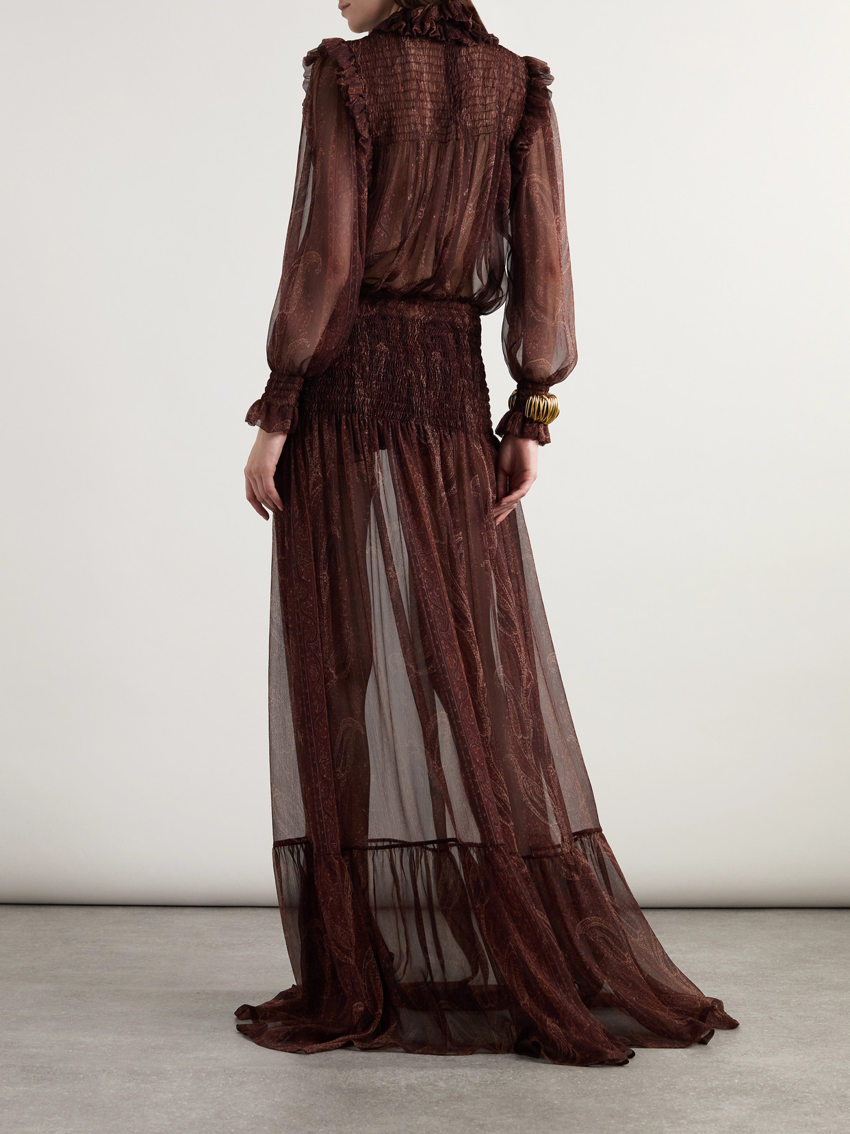 Saint Laurent Shirred Paisley-print Silk-chiffon Maxi Dress In Red