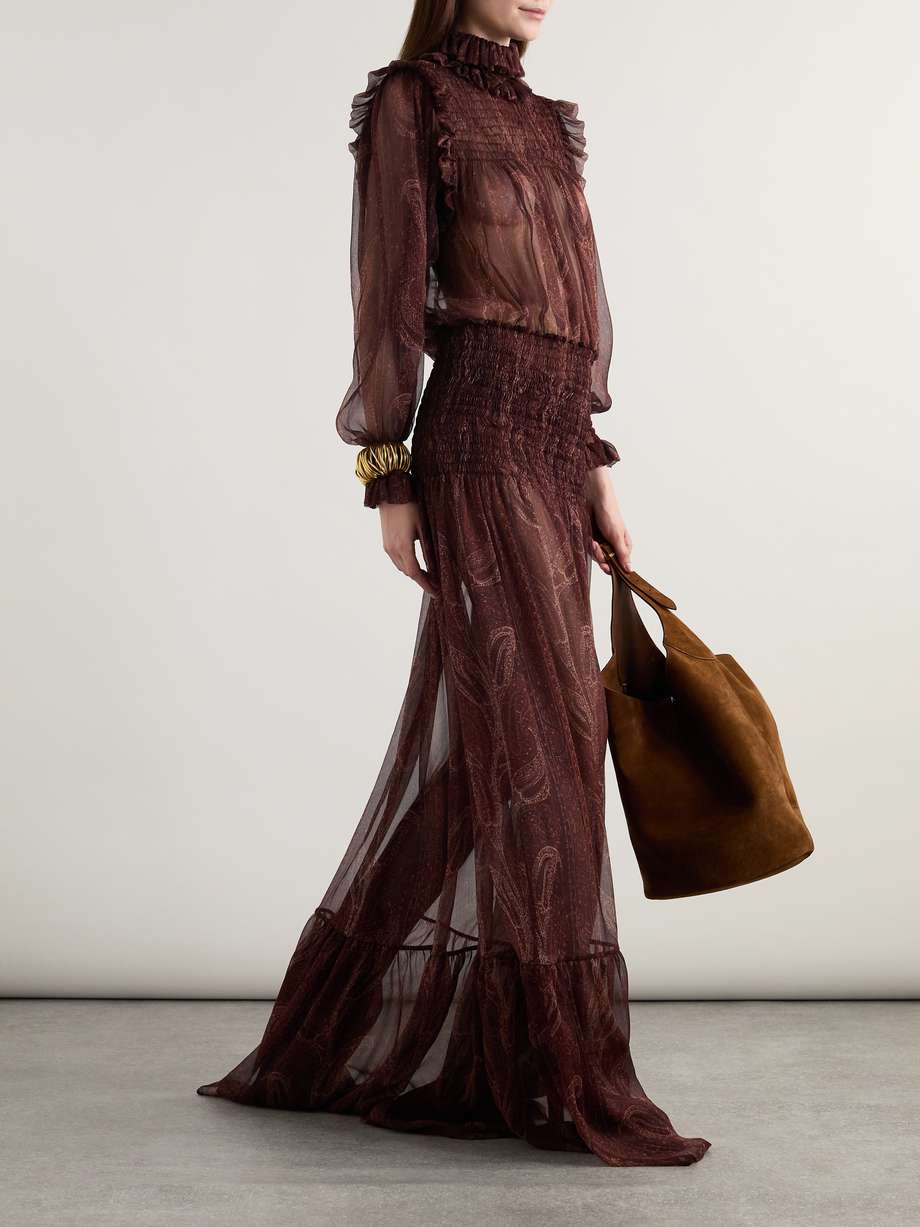 shirred paisley-print silk-chiffon maxi dress