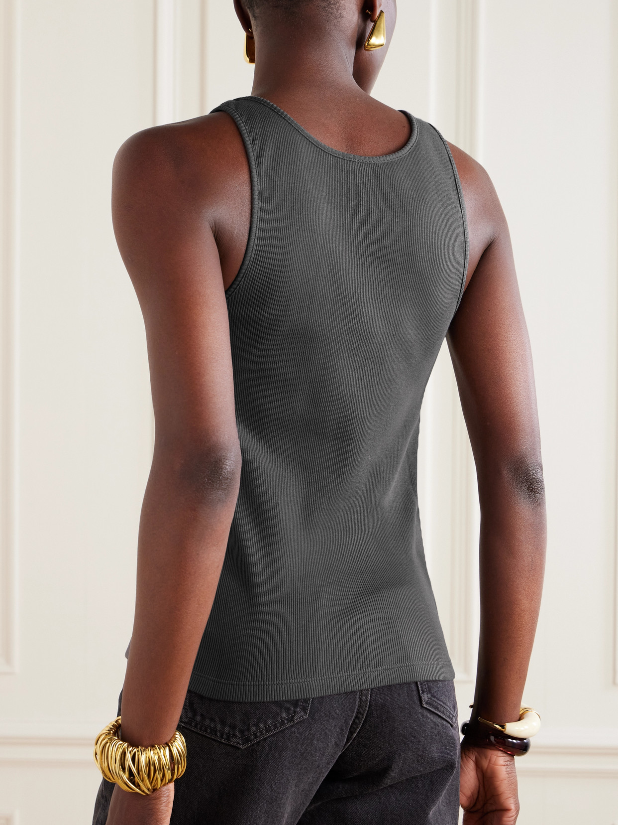 Saint Laurent Cassandre Embroidered Ribbed Cotton-jersey Tank In Gray