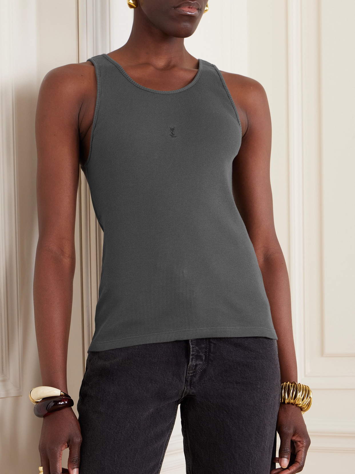 Saint Laurent Cassandre Embroidered Ribbed Cotton-jersey Tank In Gray