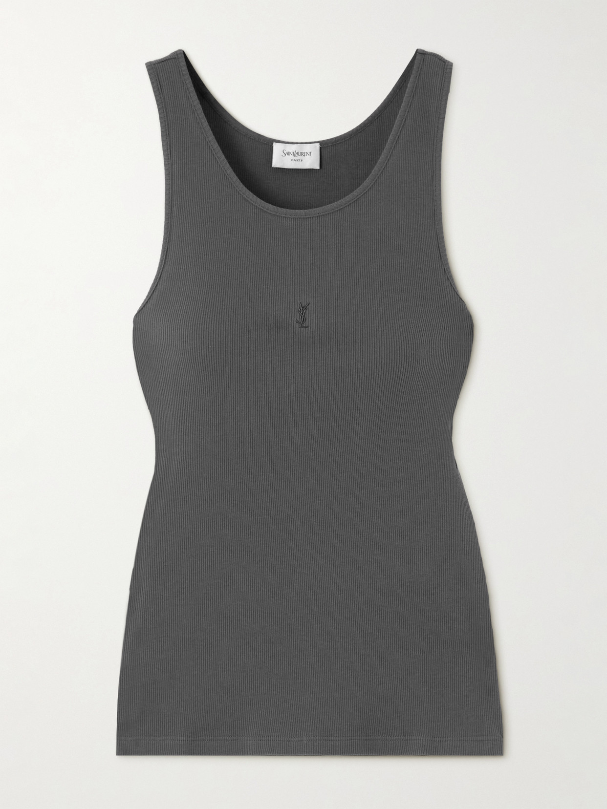 Saint Laurent Cassandre Embroidered Ribbed Cotton-jersey Tank In Gray