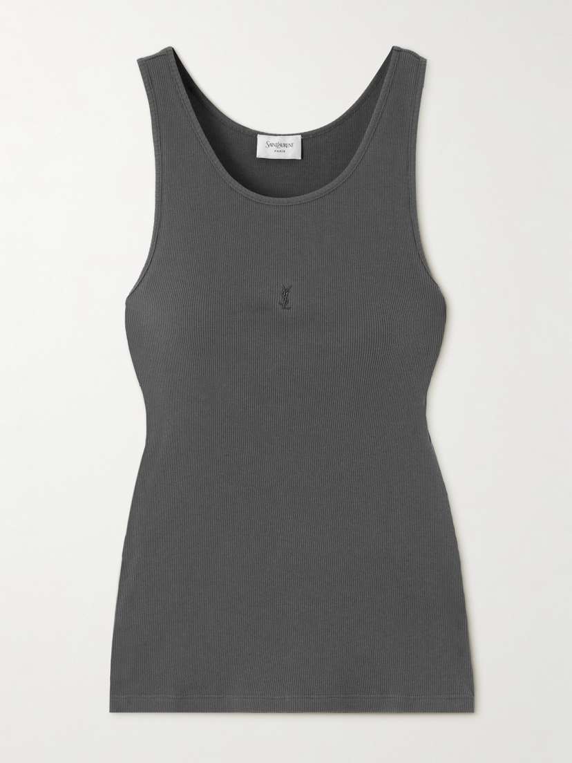 Saint Laurent Cassandre Embroidered Ribbed Cotton-jersey Tank