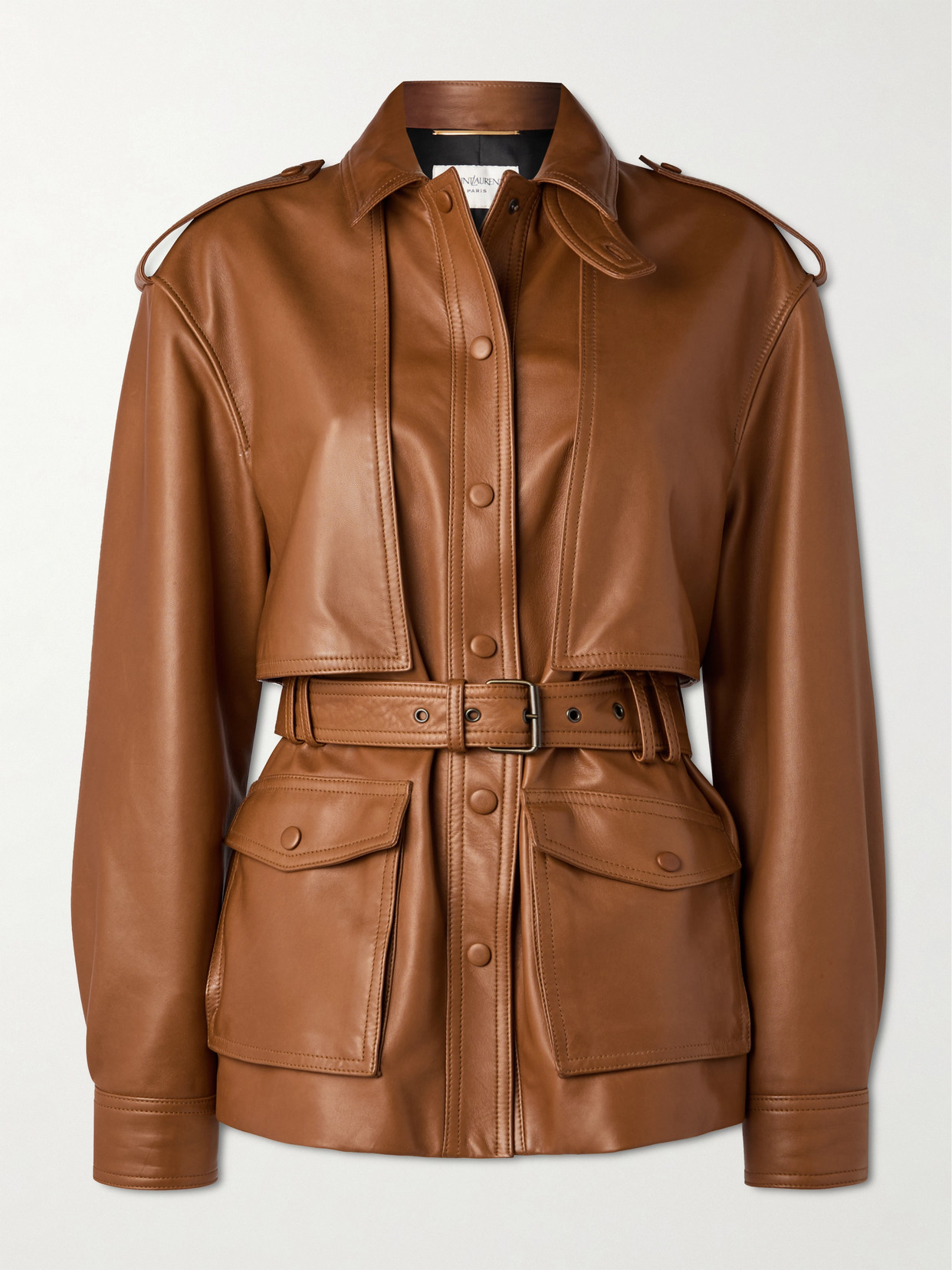 SAINT LAURENT - Belted Leather Jacket - Brown