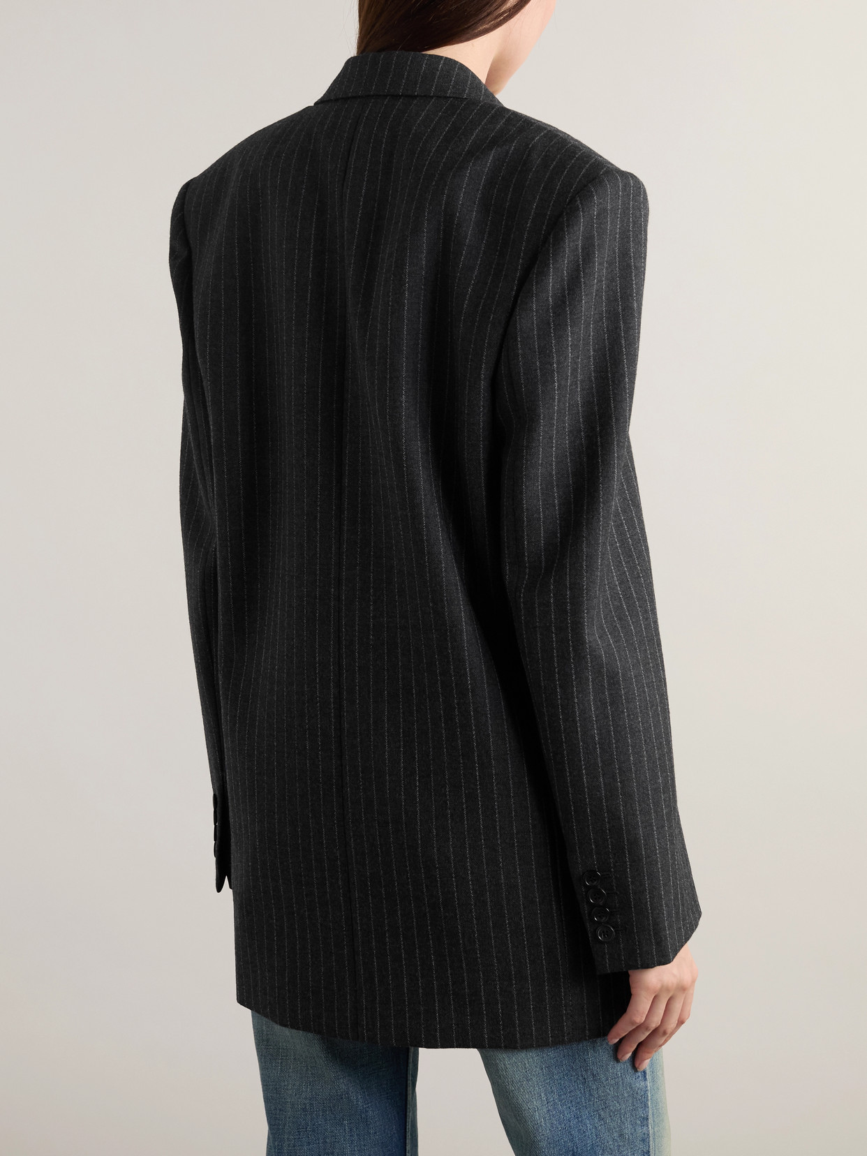 Saint Laurent Oversized Double-breasted Pinstriped Wool-flannel Blazer In Gray