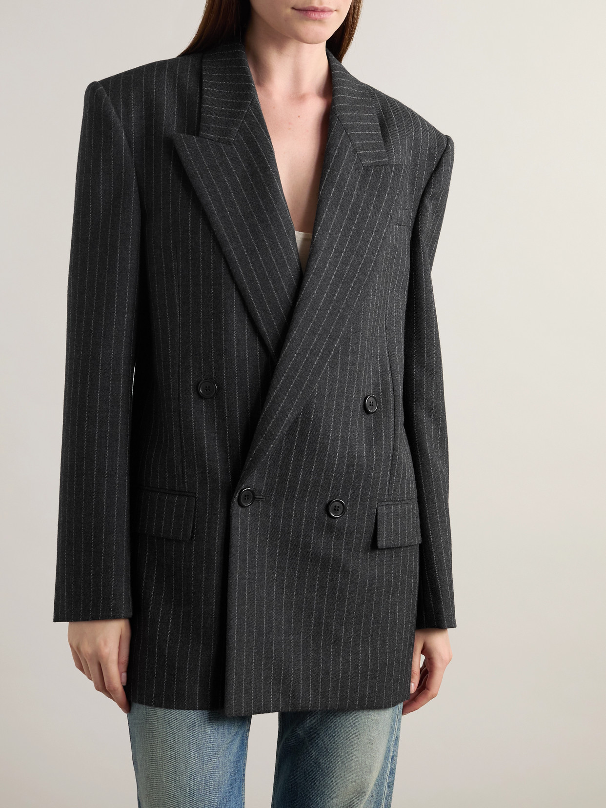 Saint Laurent Oversized Double-breasted Pinstriped Wool-flannel Blazer In Gray