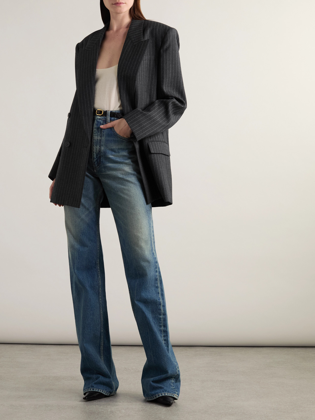 Saint Laurent Oversized Double-breasted Pinstriped Wool-flannel Blazer In Gray