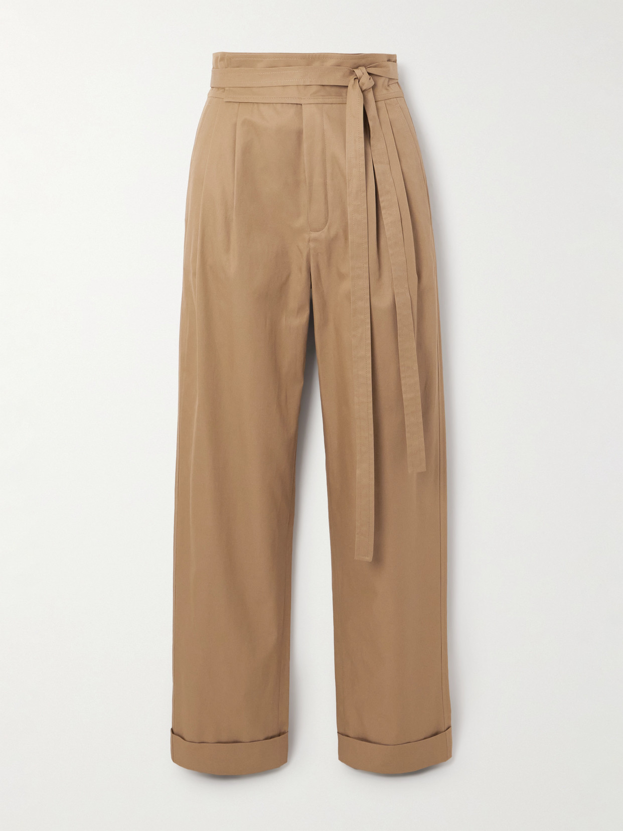 Saint Laurent Belted Pleated Cotton-twill Straight-leg Pants In Neutrals