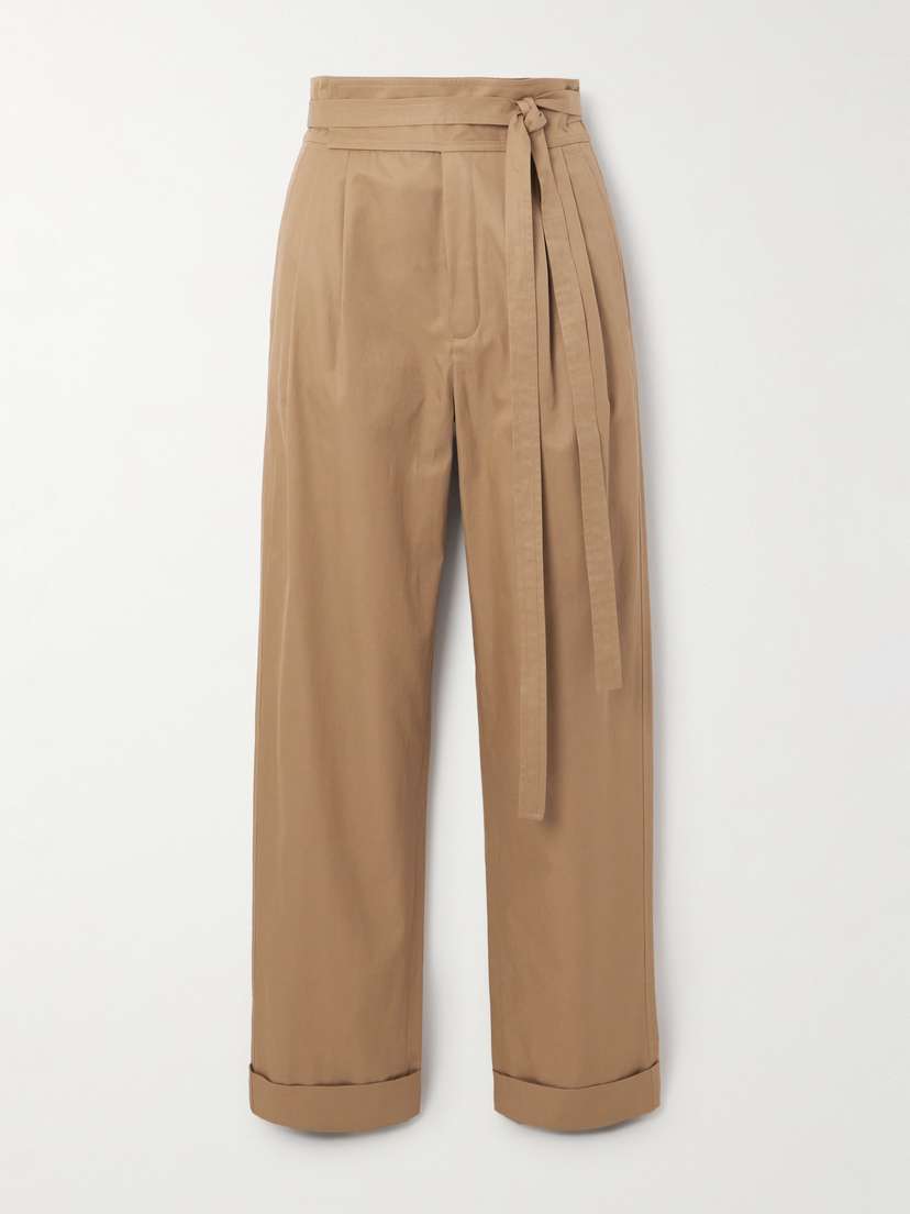 Saint Laurent Belted Pleated Cotton-twill Straight-leg Pants