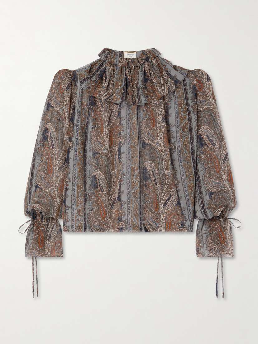 Saint Laurent Ruched Paisley-print Silk Blouse