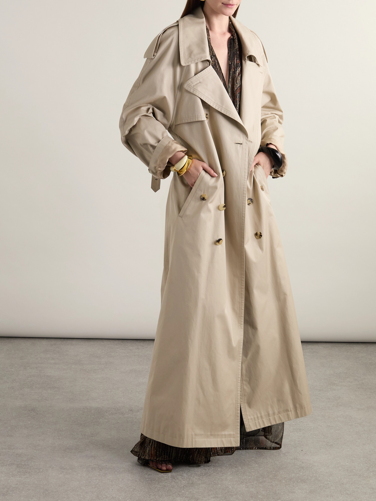 Saint Laurent Maxi Trench Coat In Neutrals