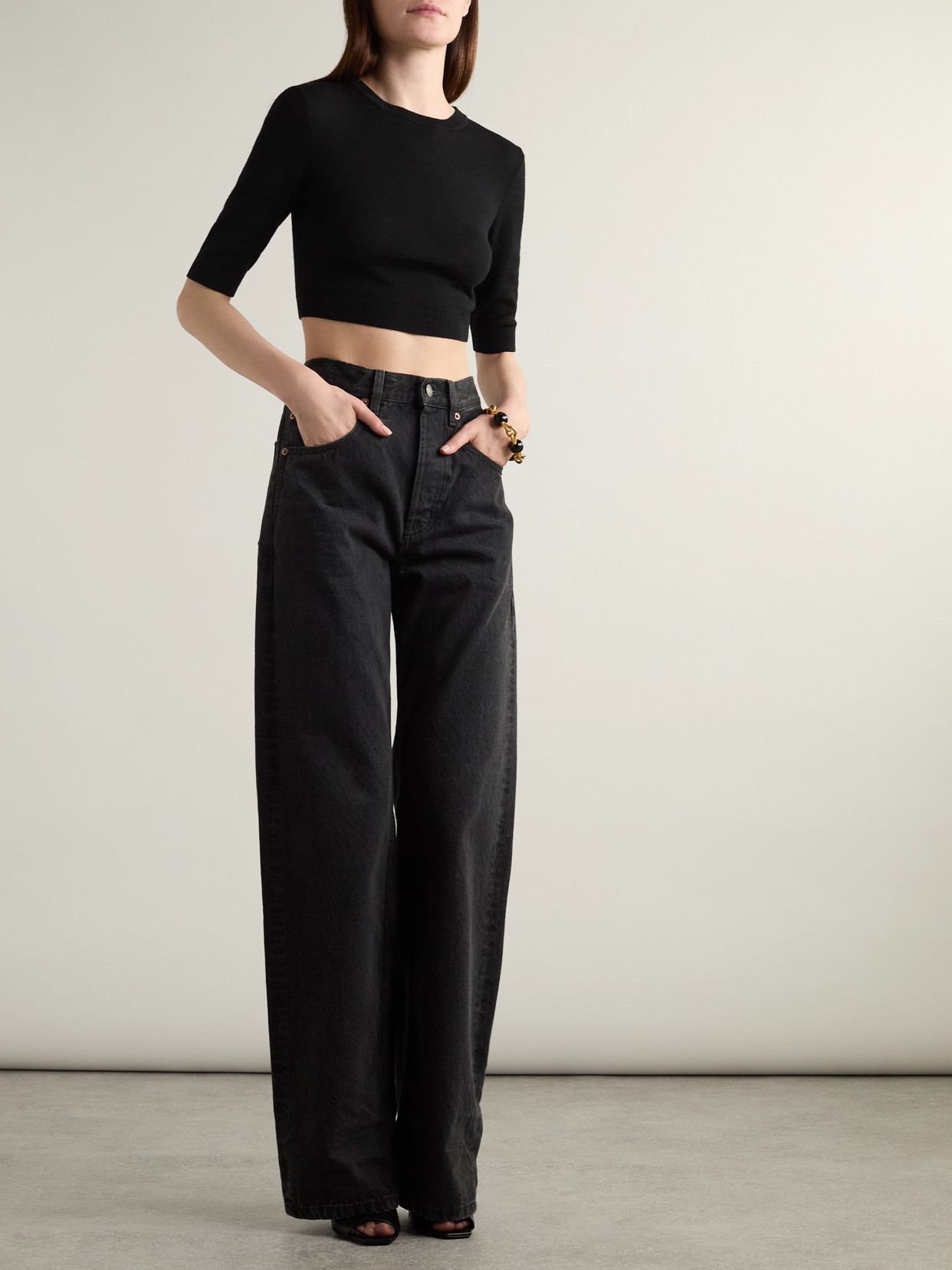 Saint Laurent Cropped Wool Sweater In Black