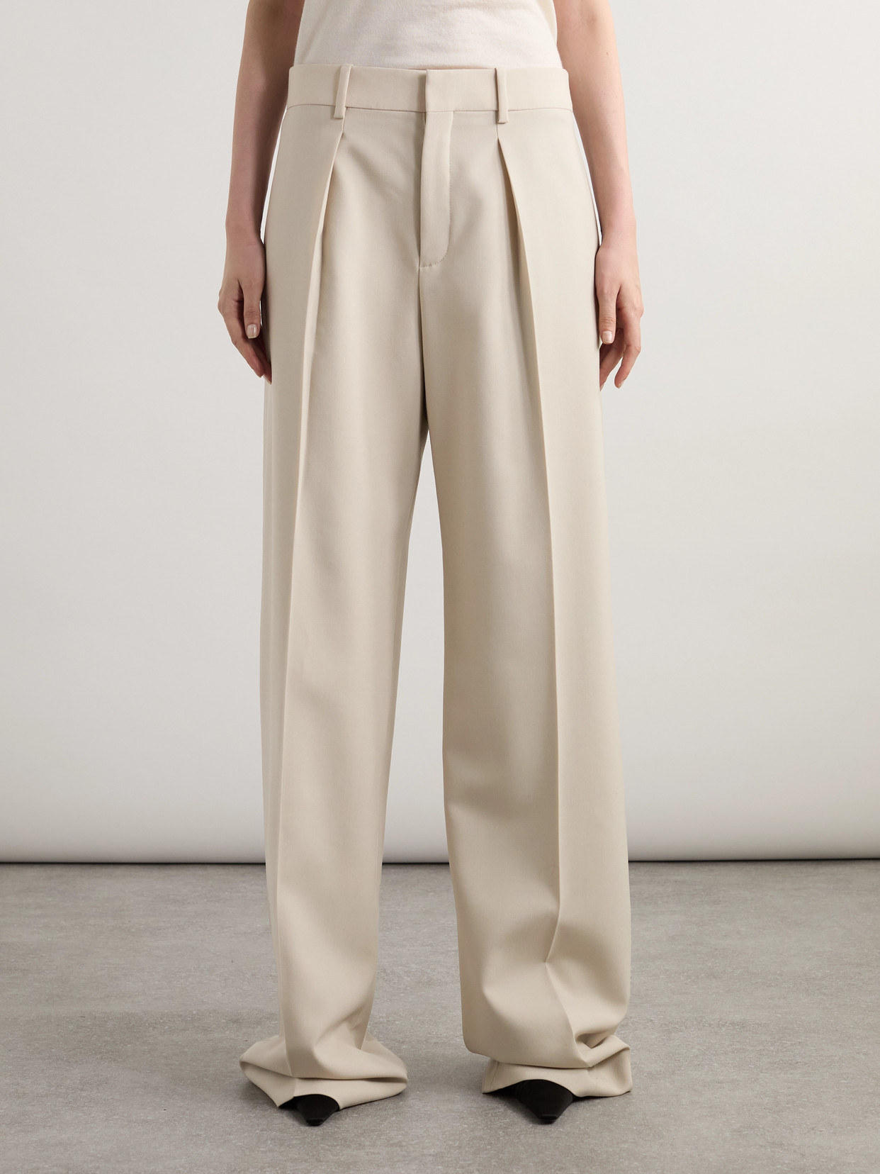 Saint Laurent Pleated Wool Straight-leg Pants In Neutrals