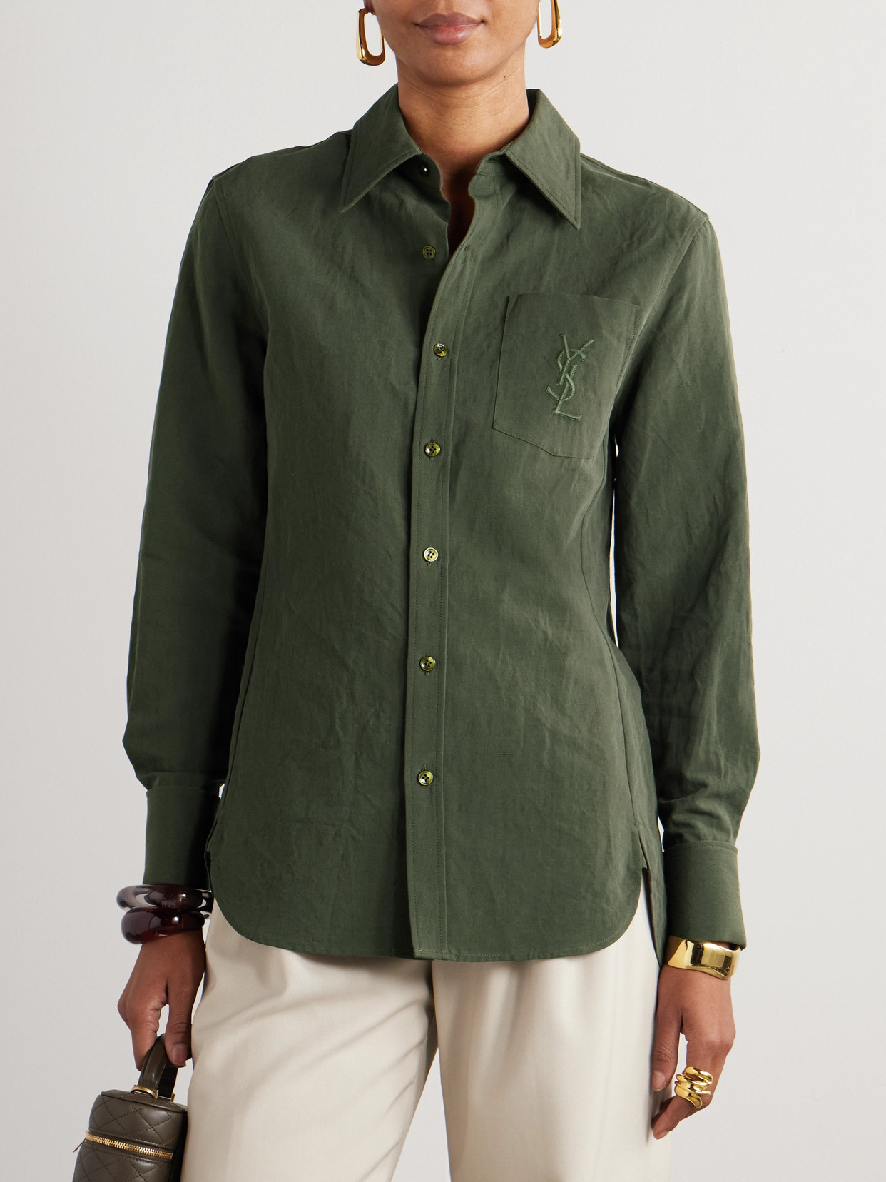 Saint Laurent Linen And Cotton "cassandre" Shirt In Green