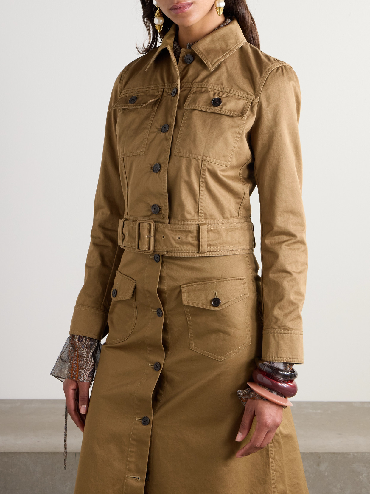 Shop Saint Laurent Cropped Belted Organic Cotton-twill Jacket In Neutrals