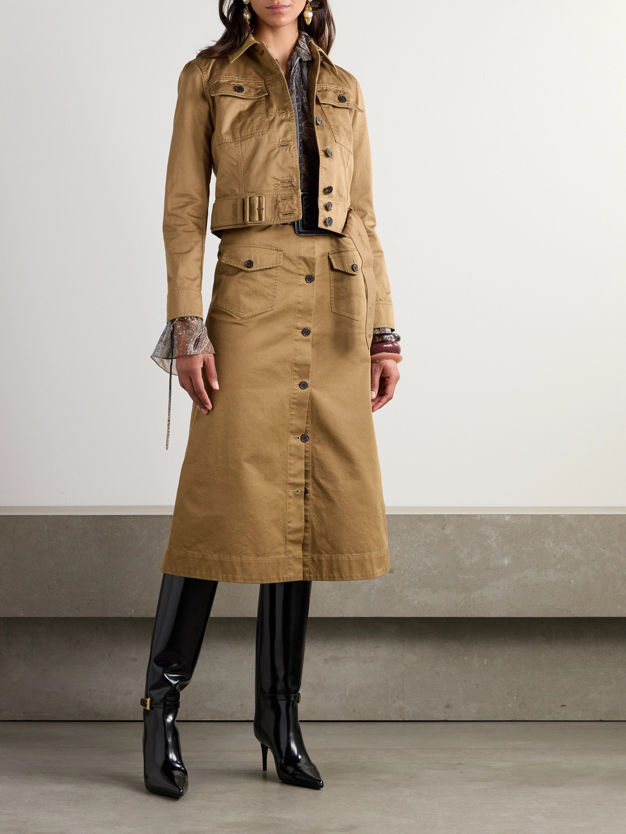 SAINT LAURENT CROPPED BELTED ORGANIC COTTON-TWILL JACKET