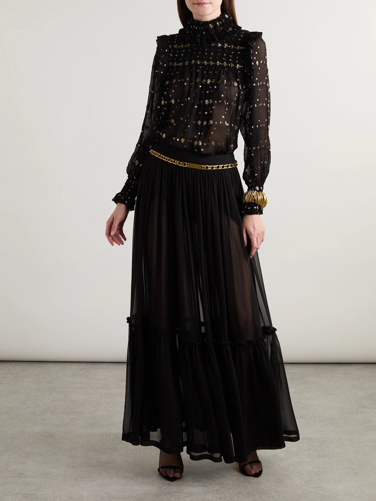 Saint Laurent Embroidered Crepe Blouse In Black