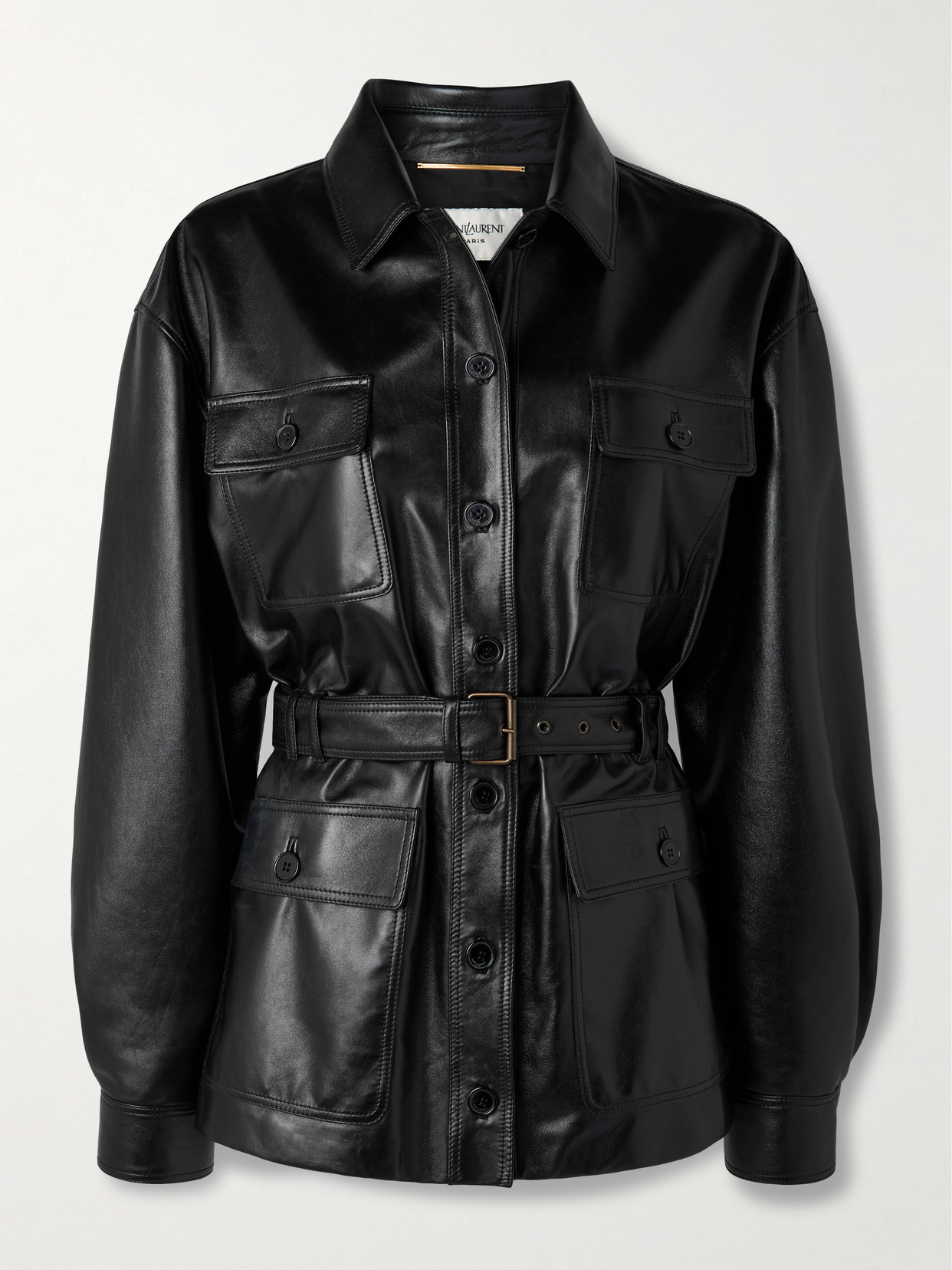 Saint Laurent Belted Leather Jacket In Black