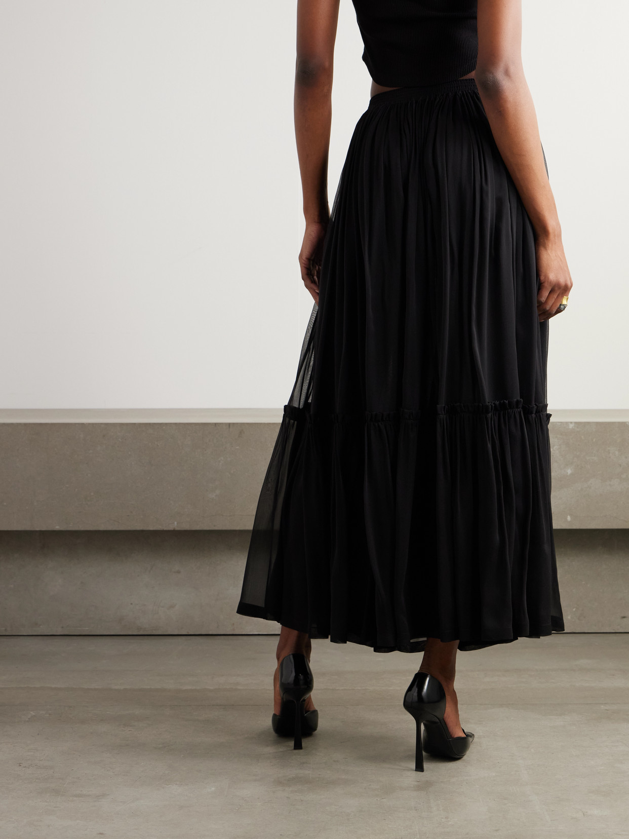 Tiered Gathered Silk-Chiffon Maxi