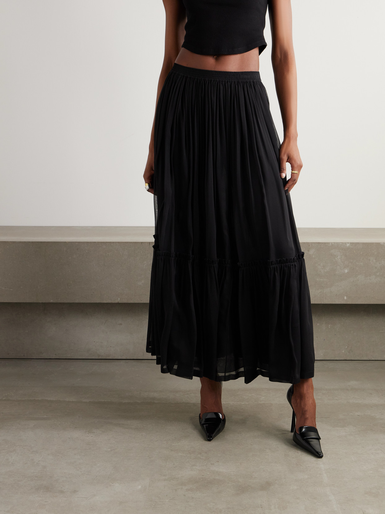 Tiered Gathered Silk-Chiffon Maxi