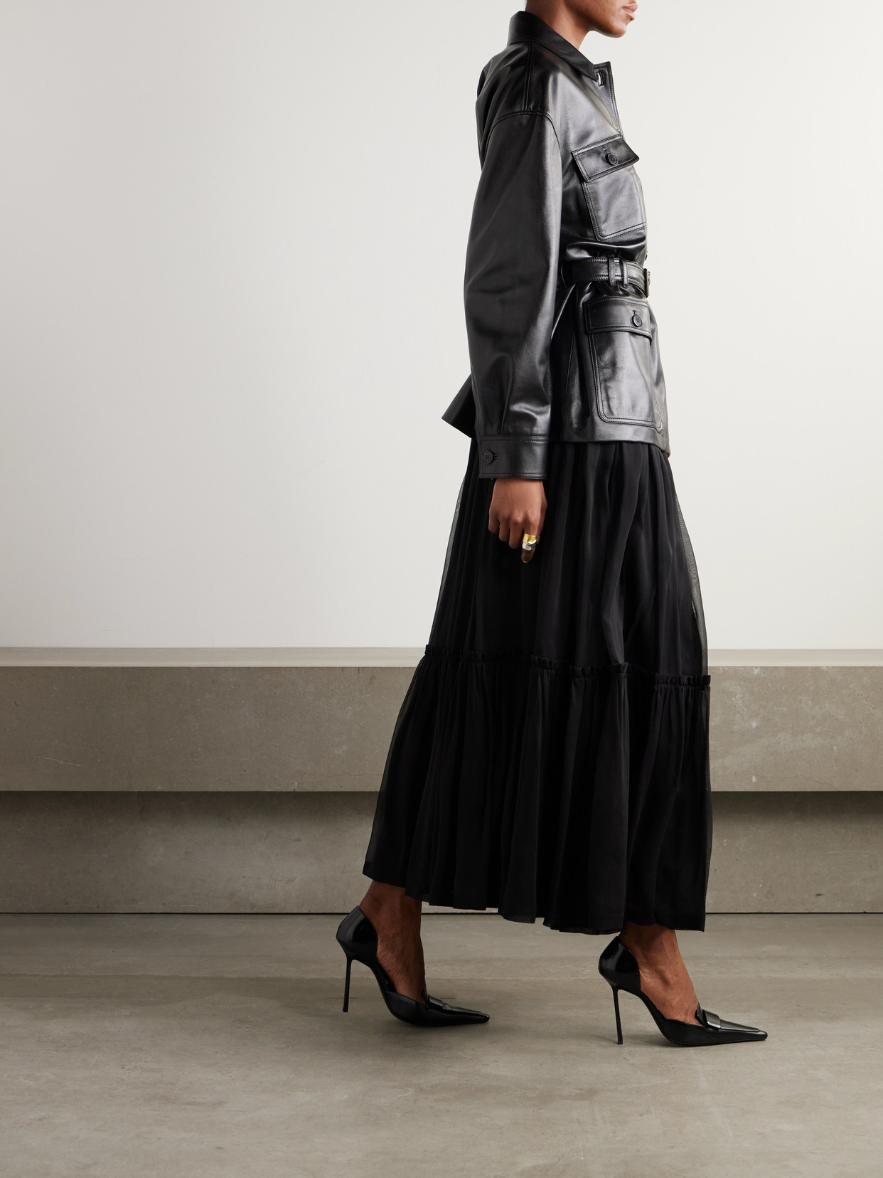 Tiered Gathered Silk-Chiffon Maxi
