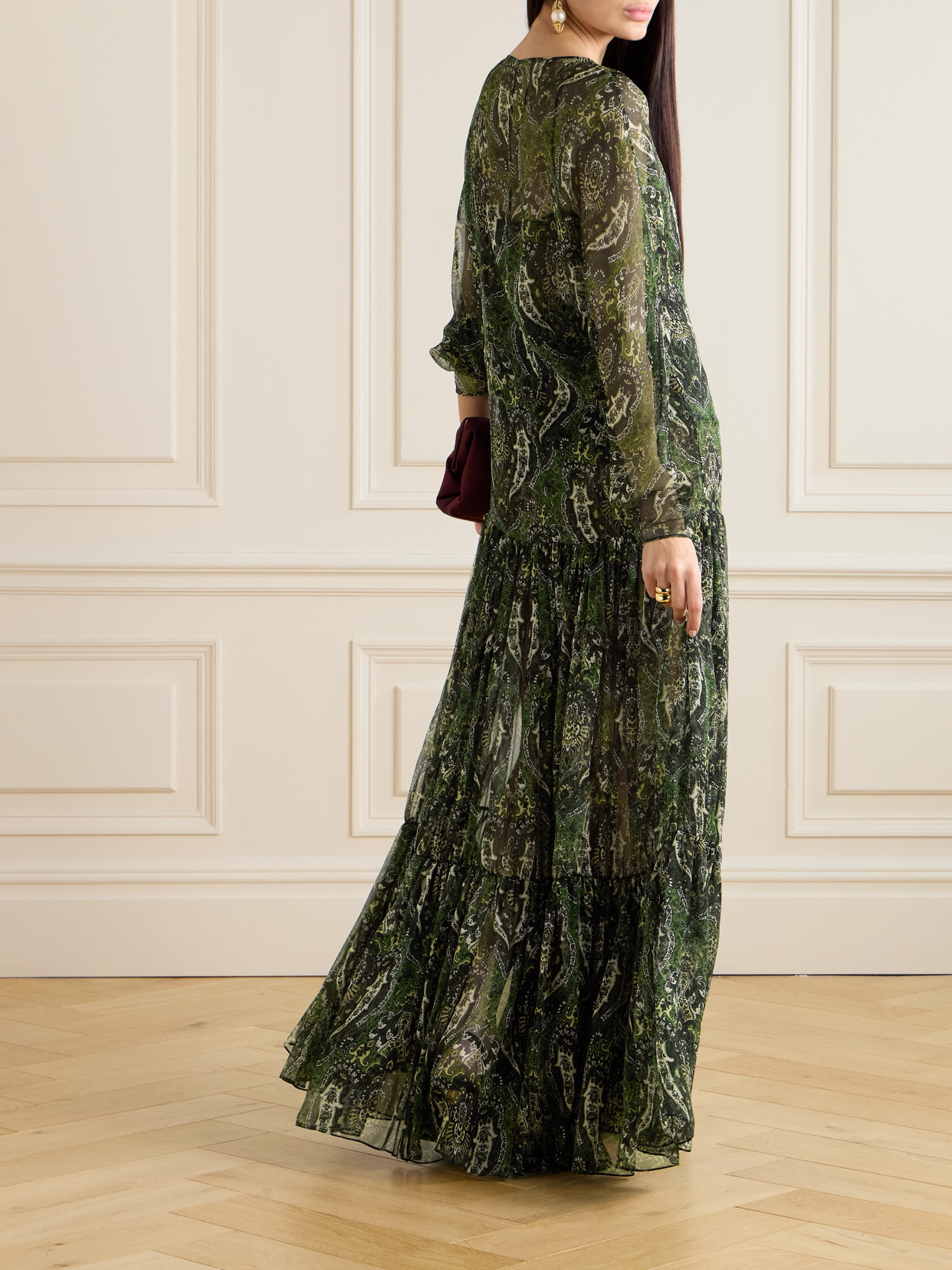 Saint Laurent Pussy-bow Shirred Printed Metallic Silk-crepon Maxi Dress In Green