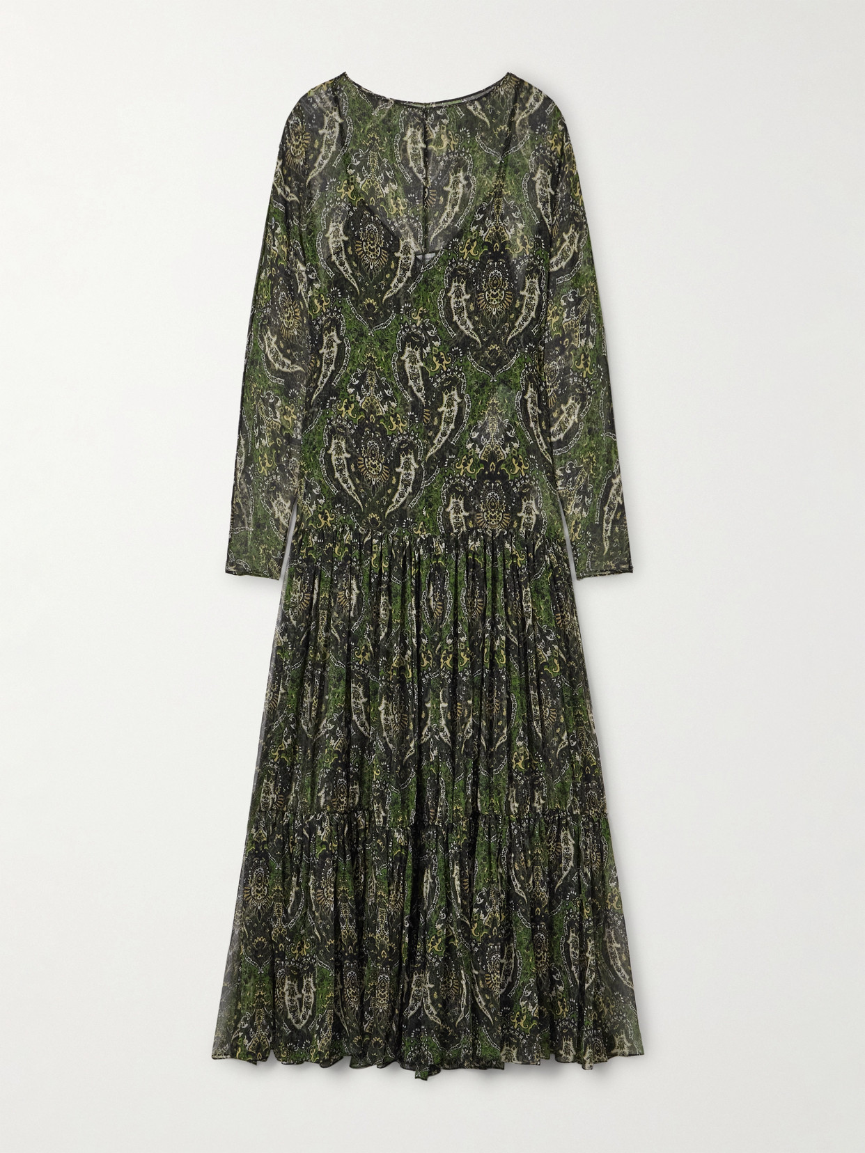 SAINT LAURENT - Pussy-bow Shirred Printed Metallic Silk-crepon Maxi Dress - Brown