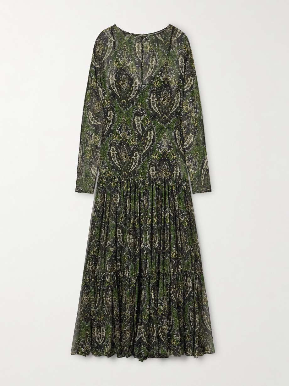 pussy-bow shirred printed metallic silk-crepon maxi dress