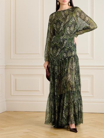 Saint Laurent Pussy-bow shirred printed metallic silk-crepon maxi dress