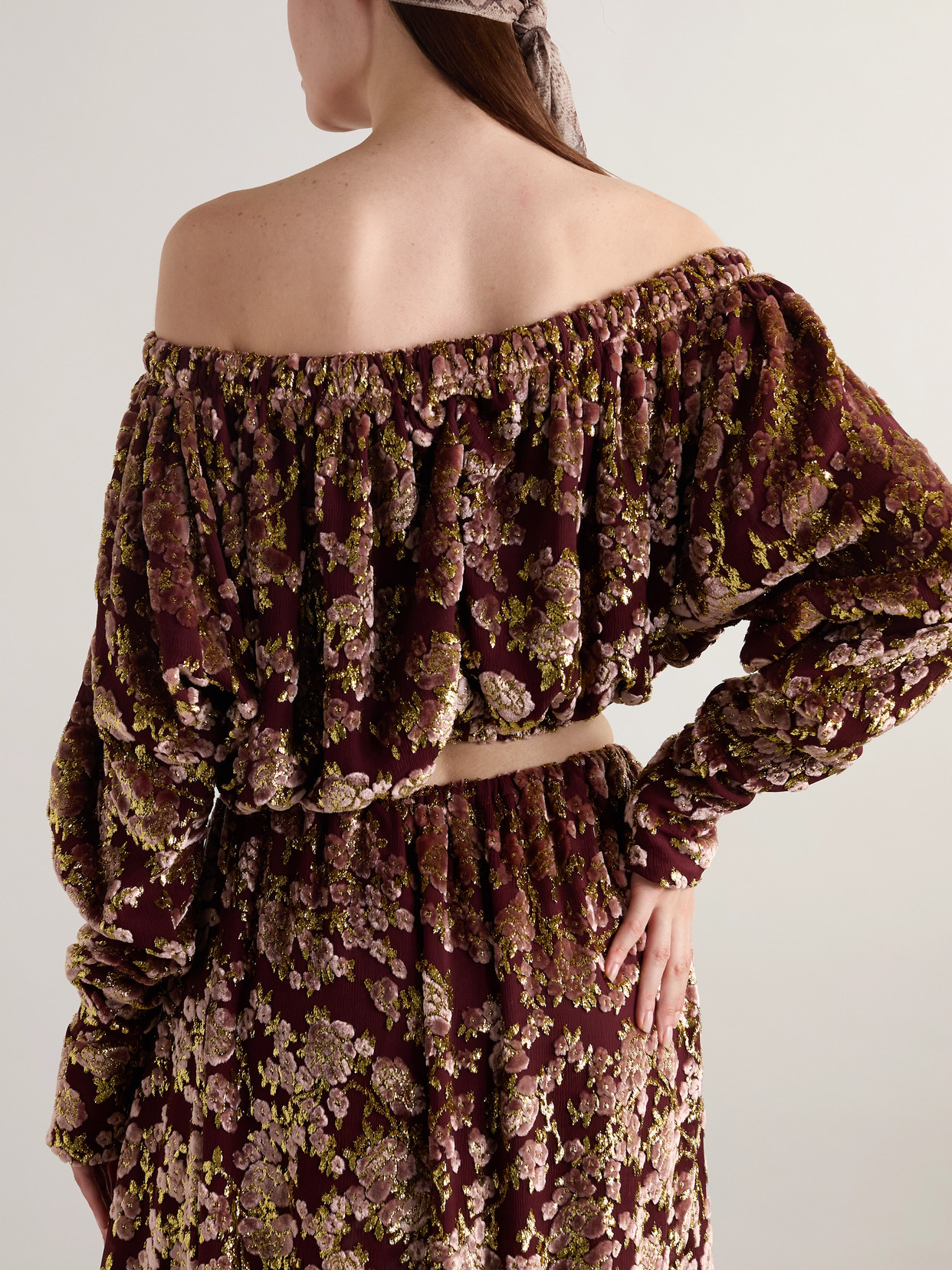 Saint Laurent Off-the-shoulder Ruched Metallic Devoré-velvet Top In Burgundy