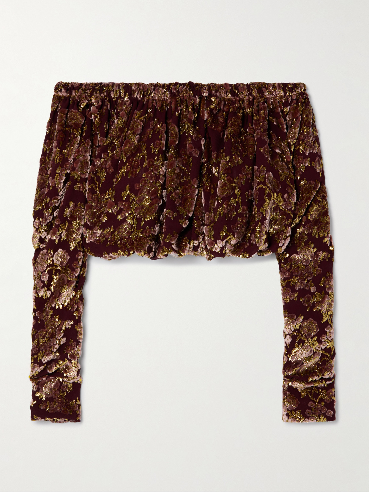 Saint Laurent Off-the-shoulder Ruched Metallic Devoré-velvet Top In Burgundy