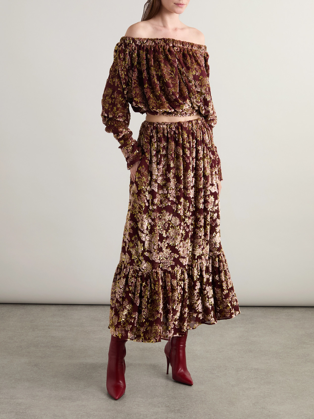 Saint Laurent Off-the-shoulder Ruched Metallic Devoré-velvet Top In Burgundy