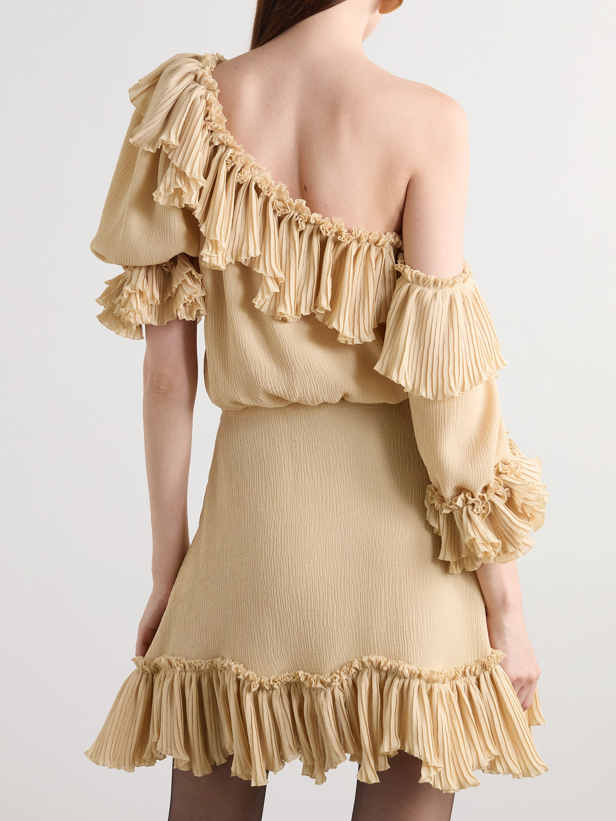 Saint Laurent Beige One-shoulder Dress With Asymmetric Neckline And Poet Sleeves In Silk Woman In Neutrals