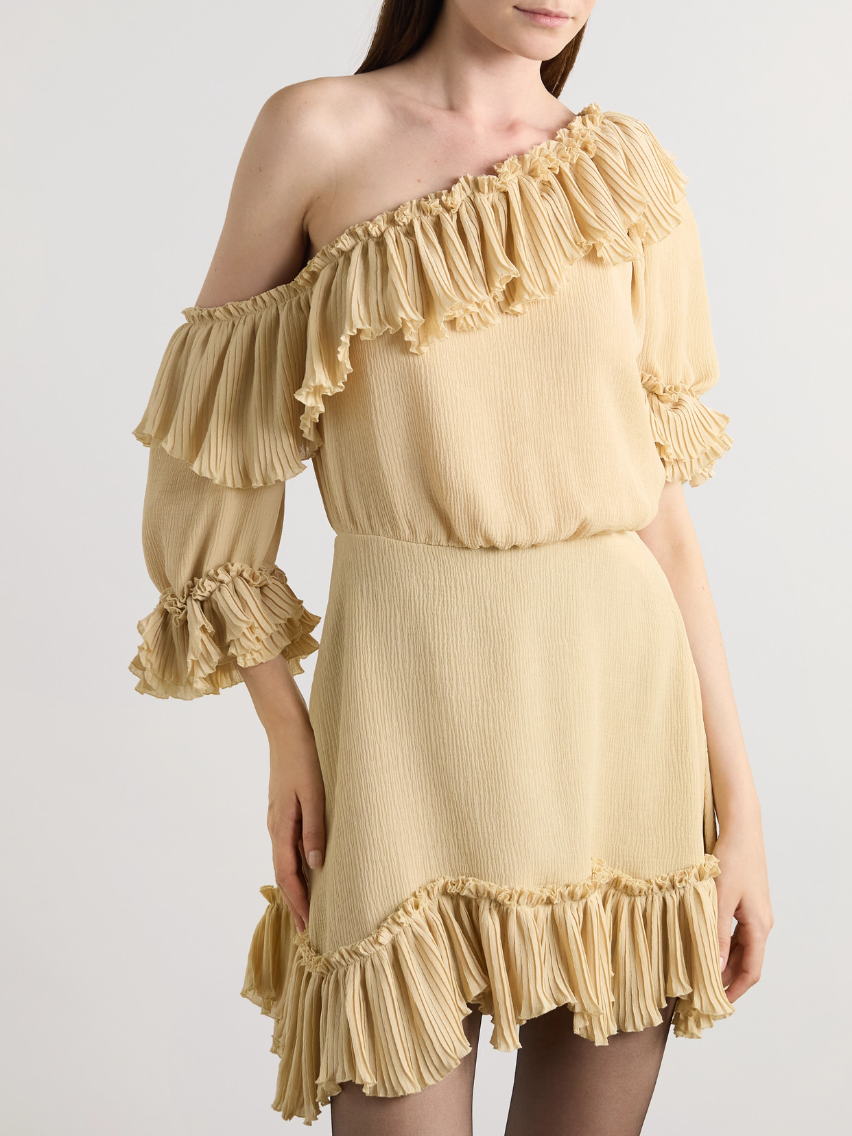Saint Laurent Beige One-shoulder Dress With Asymmetric Neckline And Poet Sleeves In Silk Woman In Neutrals