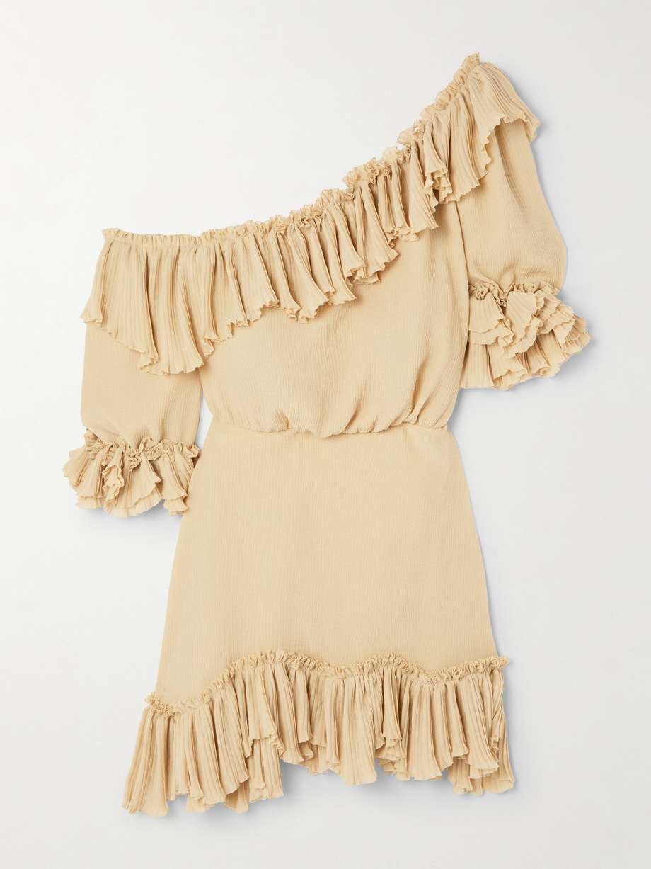 off-the-shoulder ruffled silk-crepon mini dress