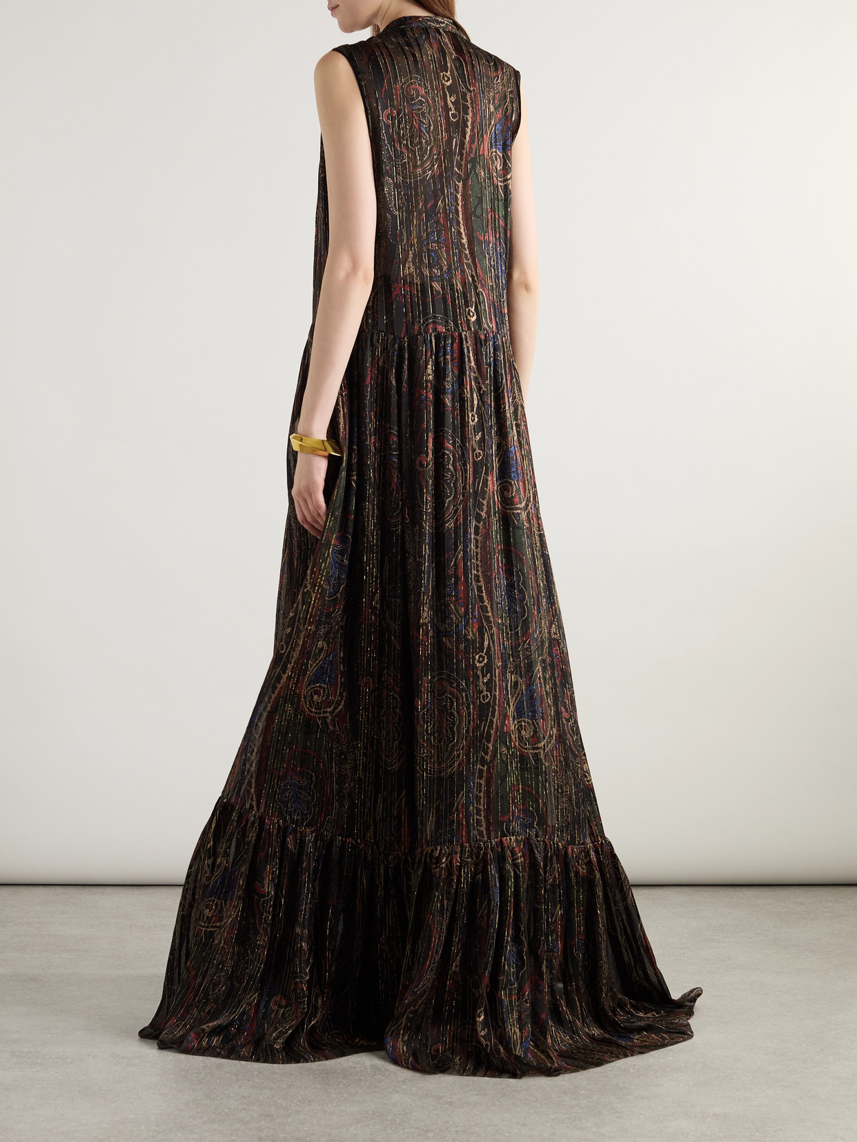 Saint Laurent Pleated Tiered Paisley-print Metallic Silk-blend Georgette Maxi Dress In Black