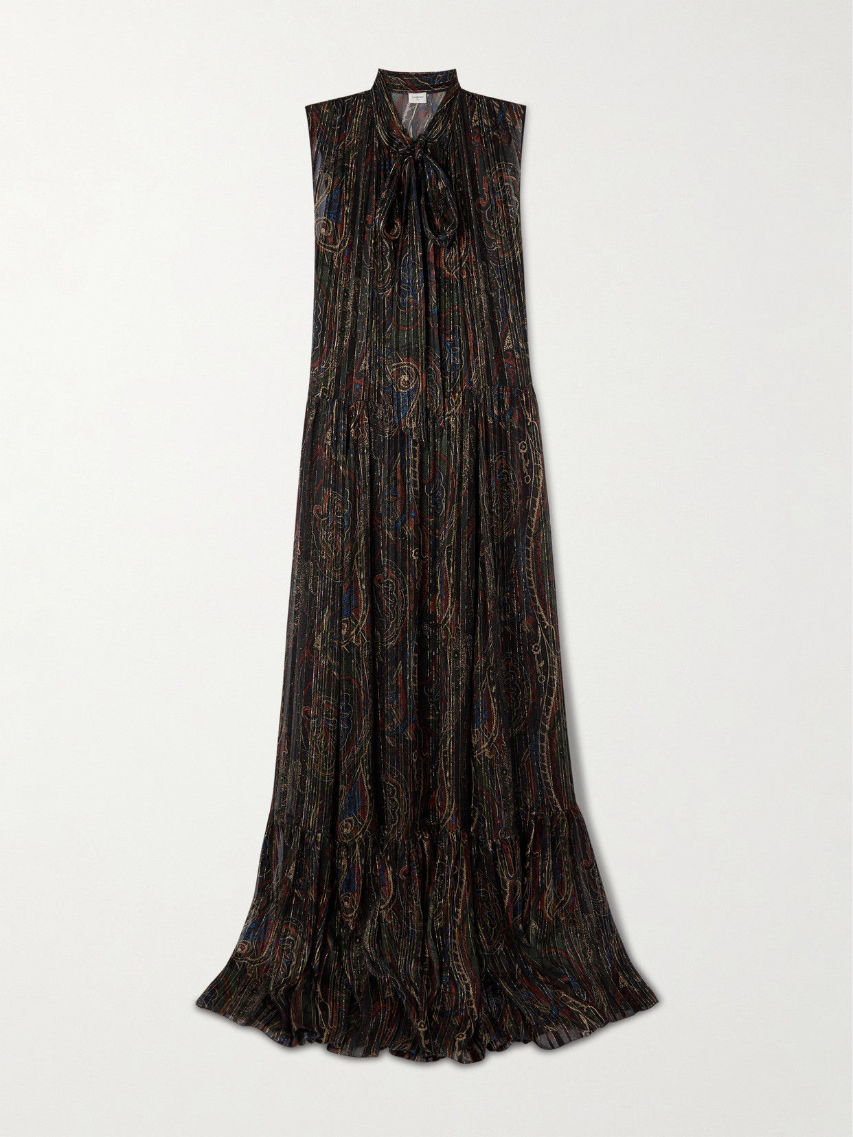 Saint Laurent Pleated Tiered Paisley-print Metallic Silk-blend Georgette Maxi Dress In Black