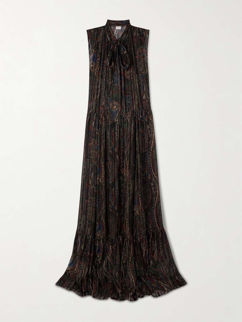 pleated tiered paisley-print metallic silk-blend georgette maxi dress