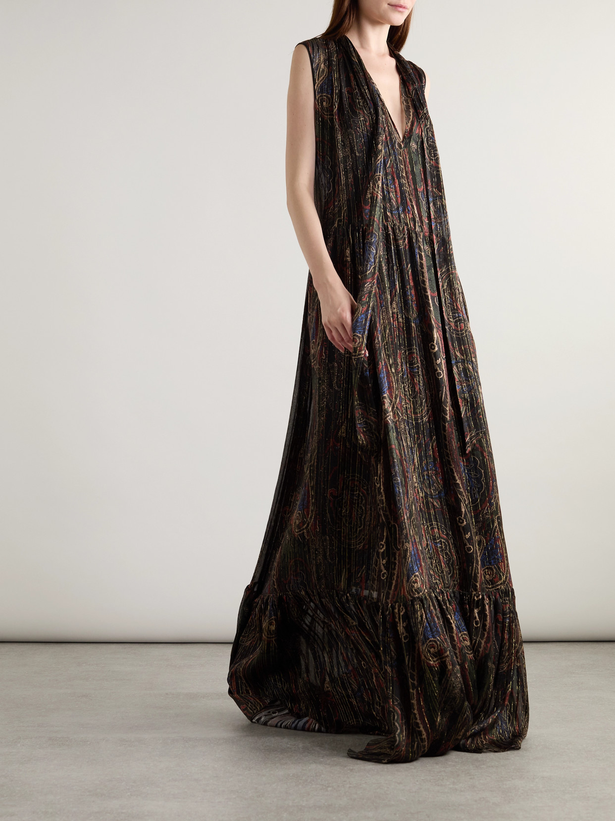 Saint Laurent Pleated Tiered Paisley-print Metallic Silk-blend Georgette Maxi Dress In Black