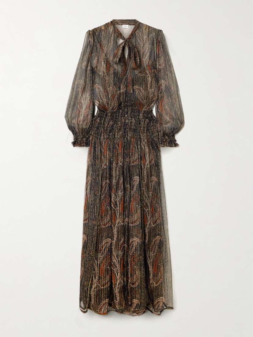 Saint Laurent Smocked Metallic Paisley-print Silk-blend Chiffon Maxi Dress