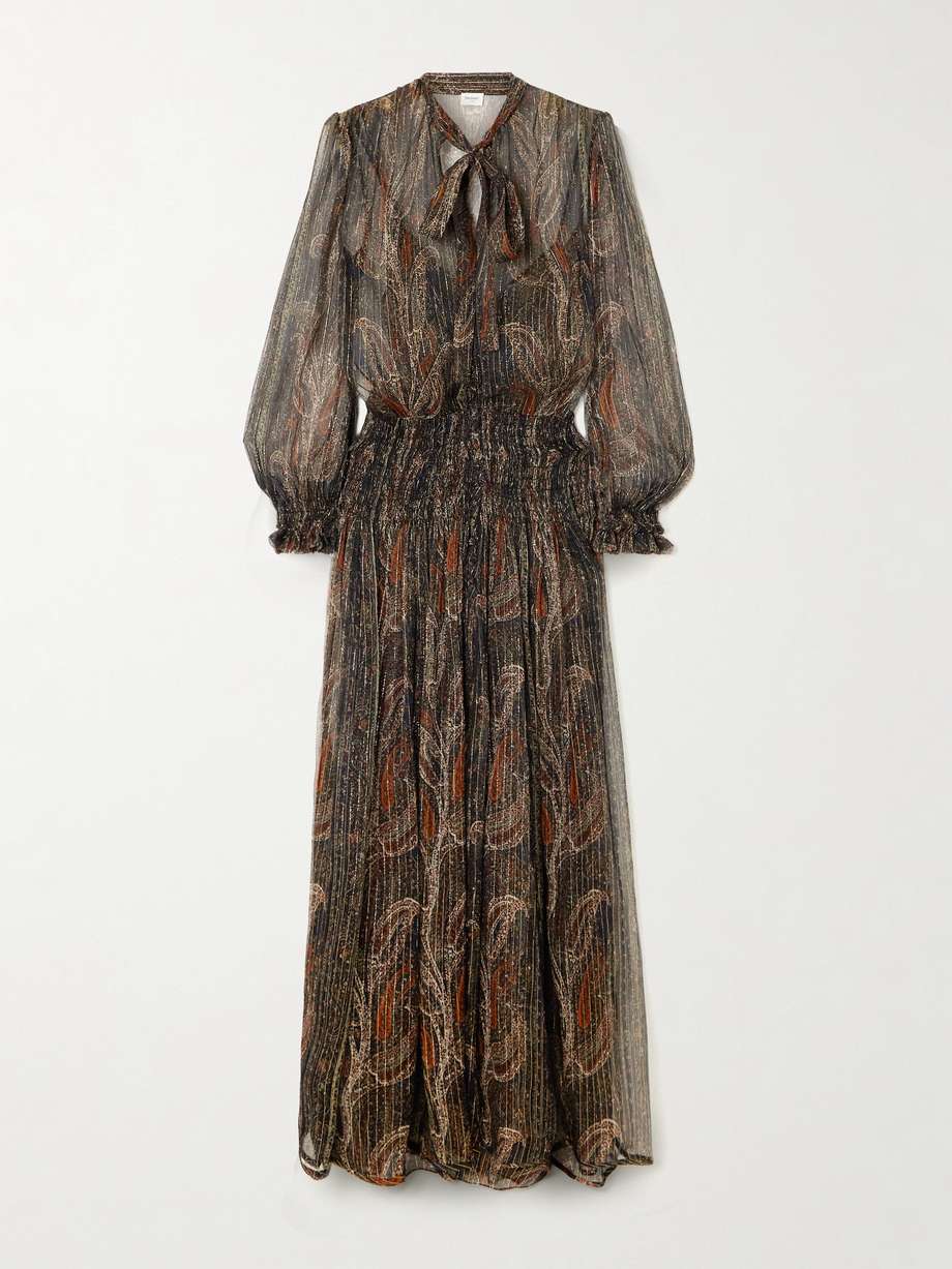 smocked metallic paisley-print silk-blend chiffon maxi dress