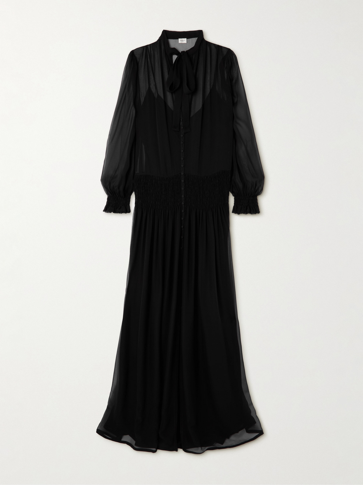 Saint Laurent Pussy-bow Shirred Silk-chiffon Maxi Dress In Black
