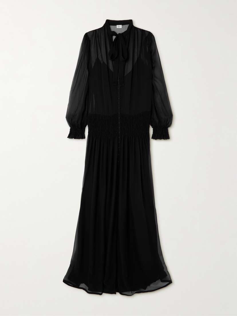 Saint Laurent Pussy-bow Shirred Silk-chiffon Maxi Dress