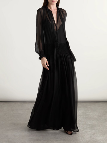 Saint Laurent Pussy-bow shirred silk-chiffon maxi dress