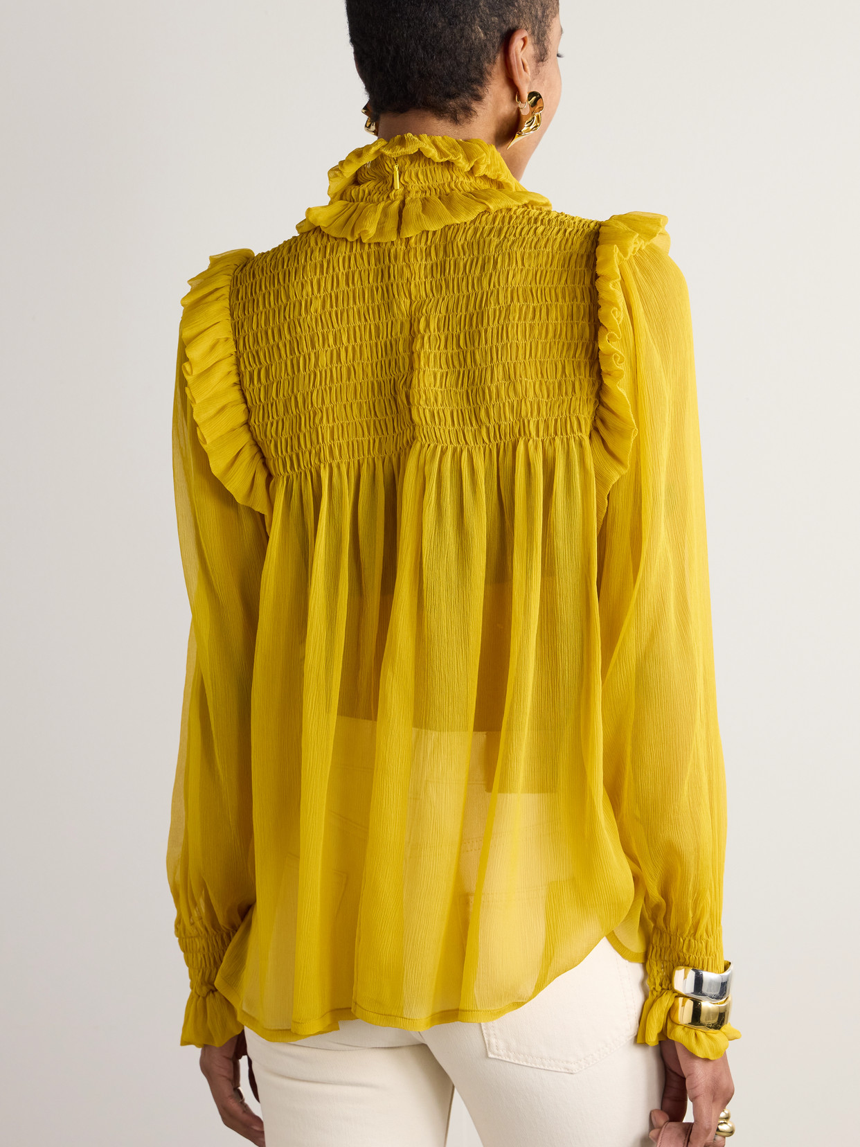 Saint Laurent Silk Blouse With Ruffled Collar And Smocked Detailing In Yellow