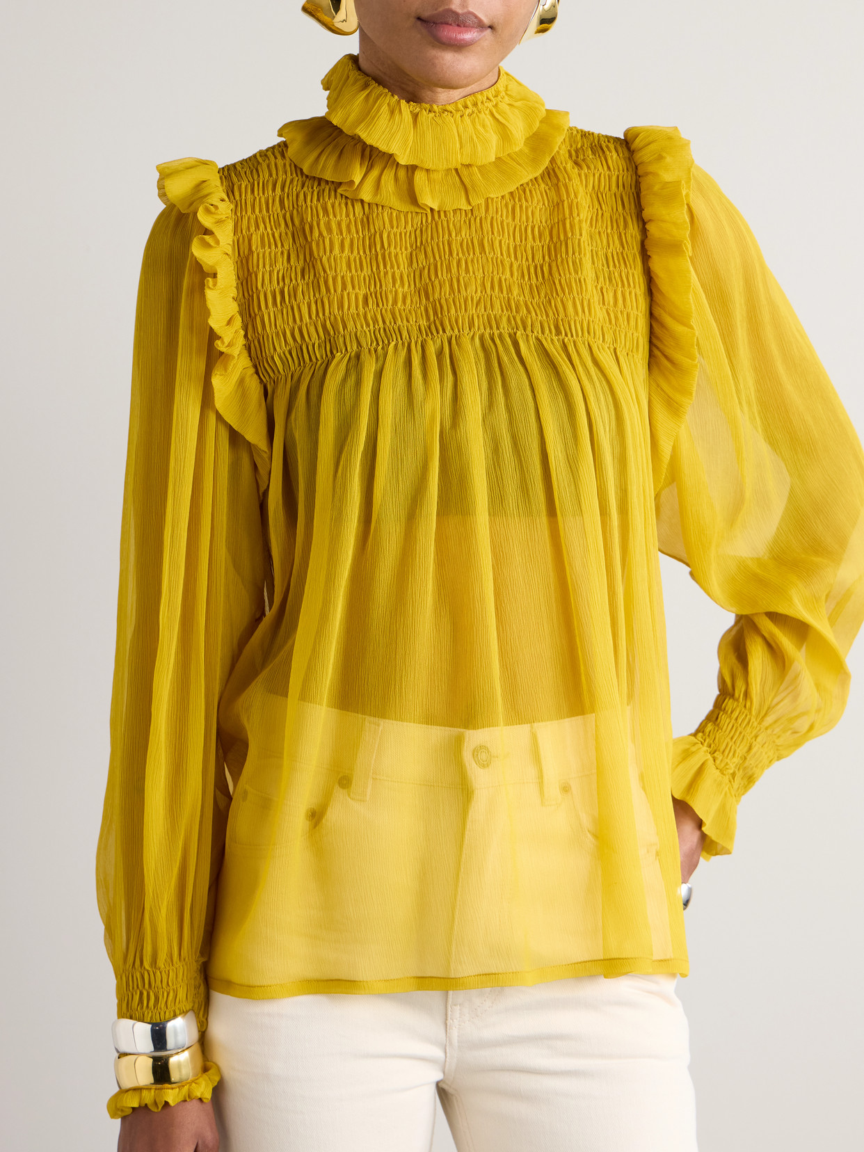 Saint Laurent Silk Blouse With Ruffled Collar And Smocked Detailing In Yellow