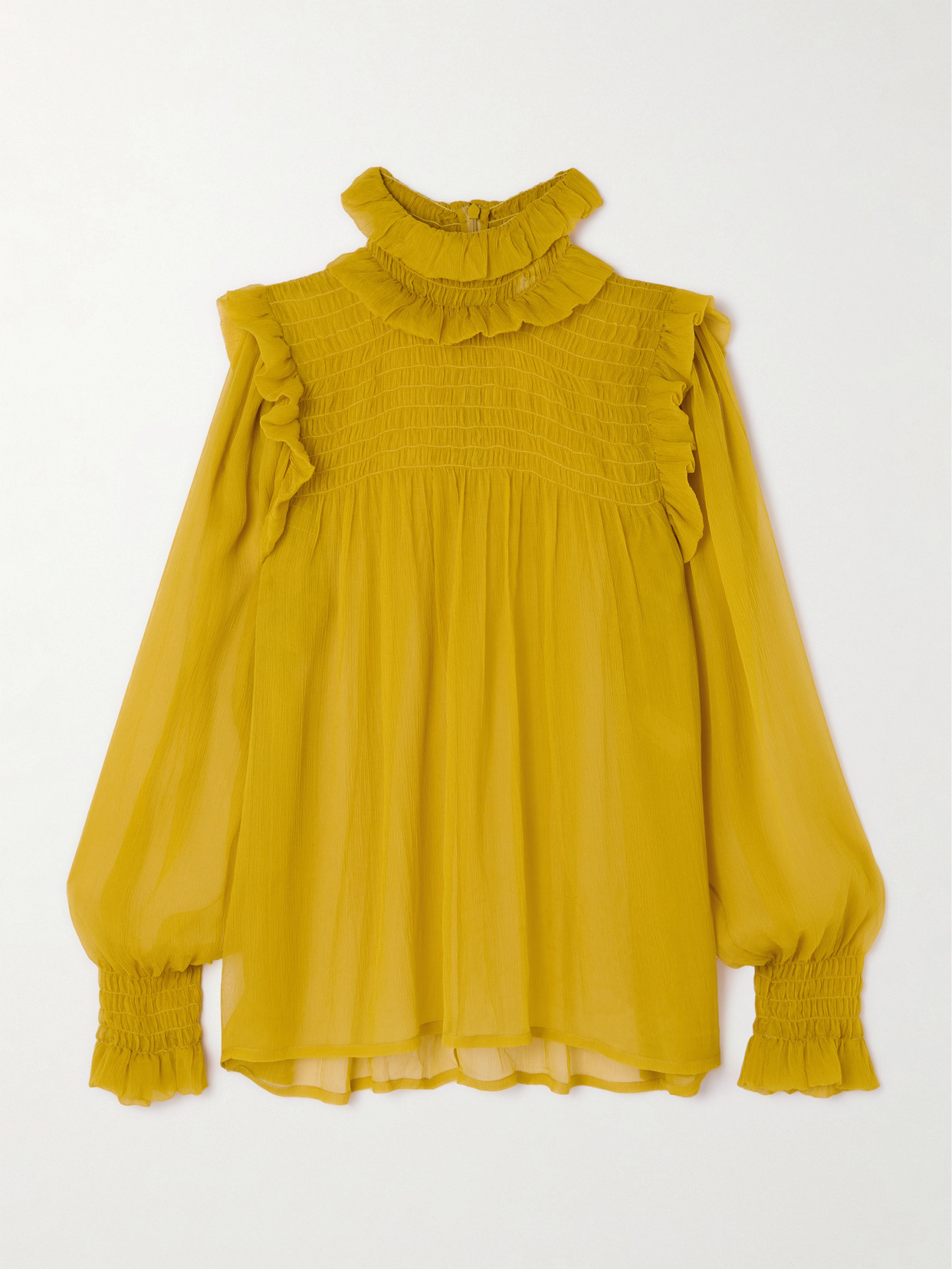 Saint Laurent Silk Blouse With Ruffled Collar And Smocked Detailing In Yellow