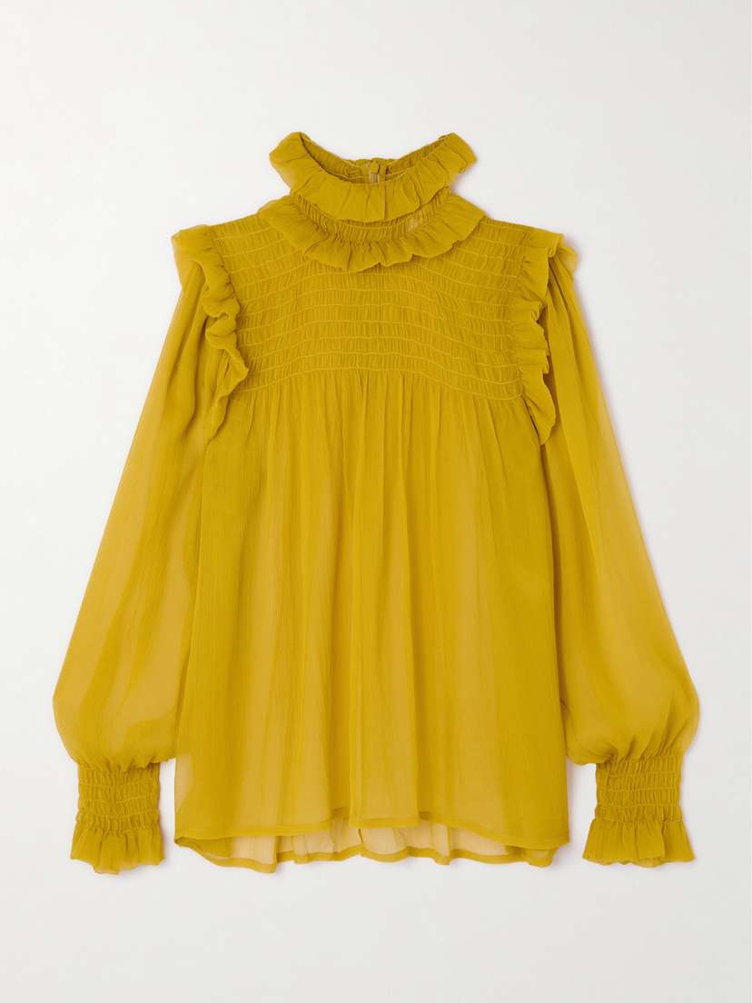 Saint Laurent Smocked Ruffled Silk-crepon Blouse