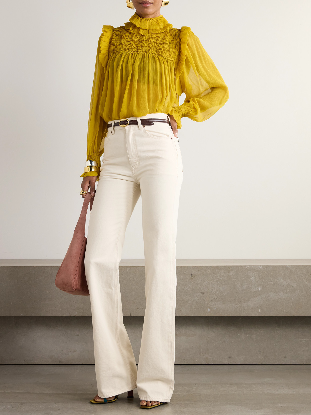 Saint Laurent Silk Blouse With Ruffled Collar And Smocked Detailing In Yellow